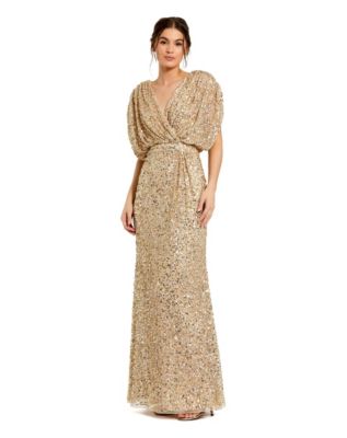 Petite Sequin Draped Sleeve V-Neck Gown