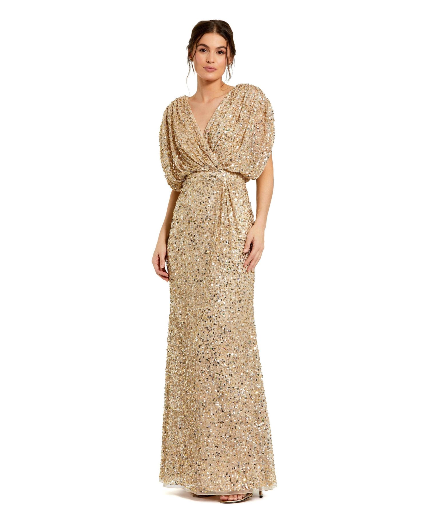 Petite Sequin Draped Sleeve V-Neck Gown