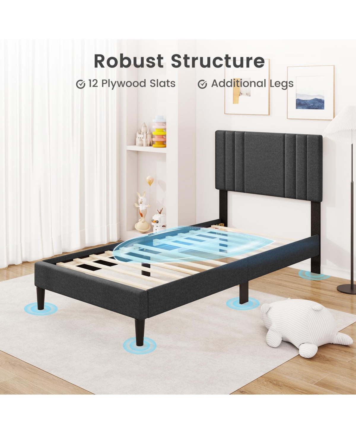 Slickblue Wooden Slat Bed Frame with Vertical Tufted Headboard