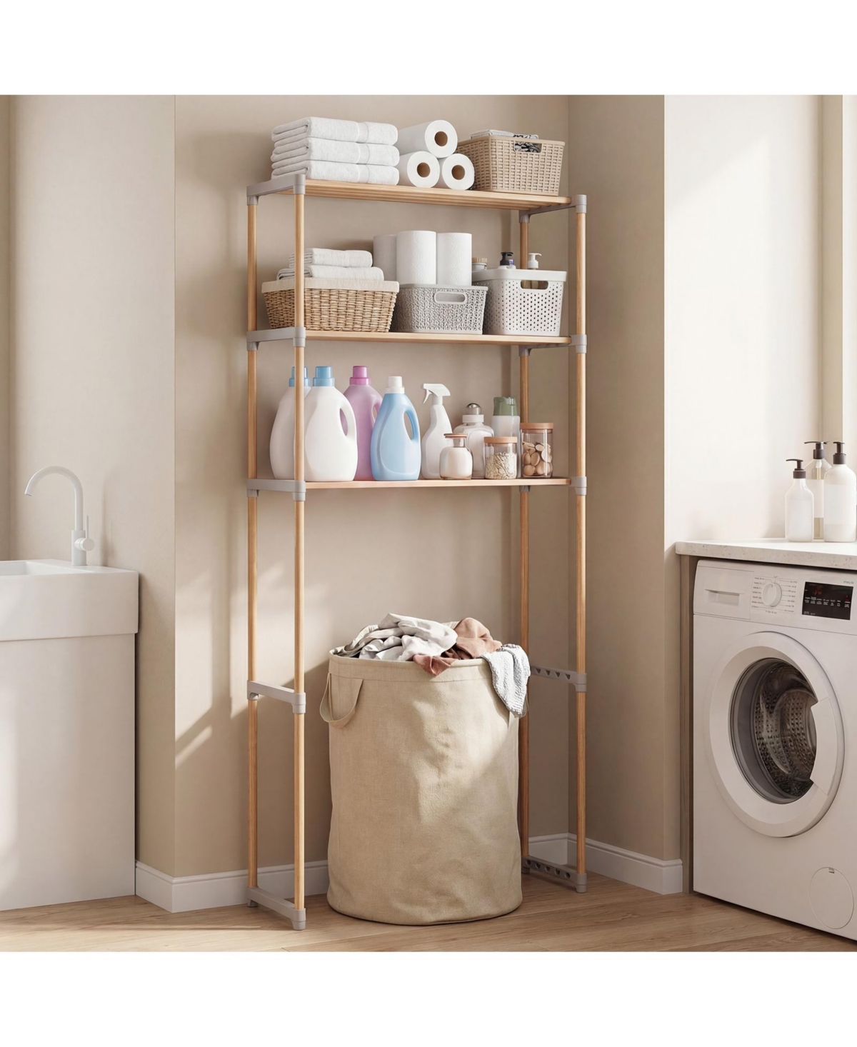 Gymax Over The Toilet Storage Rack 3-Tier Pine Wood Bathroom Organizer w/ Open Shelves