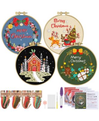 4 Sets Christmas Embroidery Kit Beginners Cross Pattern Hoops Threads