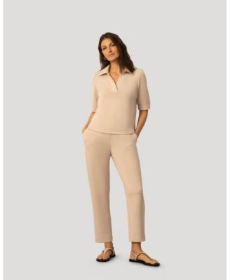 Women's Cable and Gauge Rib Collar Polo Top and Pant Set