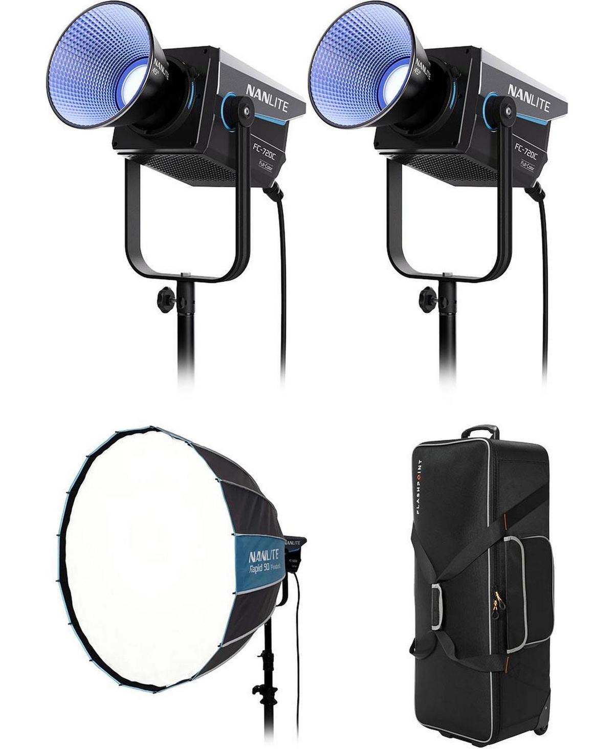 Nanlite Fc-720 750W Rgbw Led 2-Light Kit, Bundle with Rapid 90 Parabolic Softbox and Cb-06 Wheeled Hard Carrying Case - Black