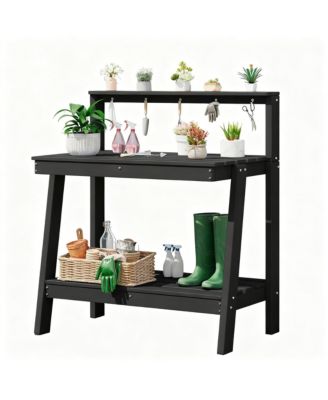 Outdoor gardening 3-tier shelf with angled legs and hooks
