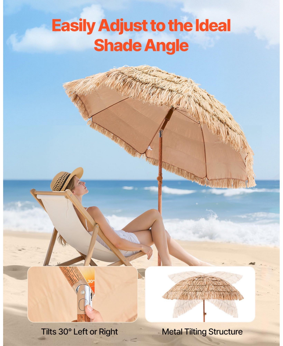 Mecale 6.5 ft Tiki Patio Umbrella with Tilt, Thatched Beach Parasol with Pp Thatch and 8 Metal Ribs, for Patio Poolside Backyard