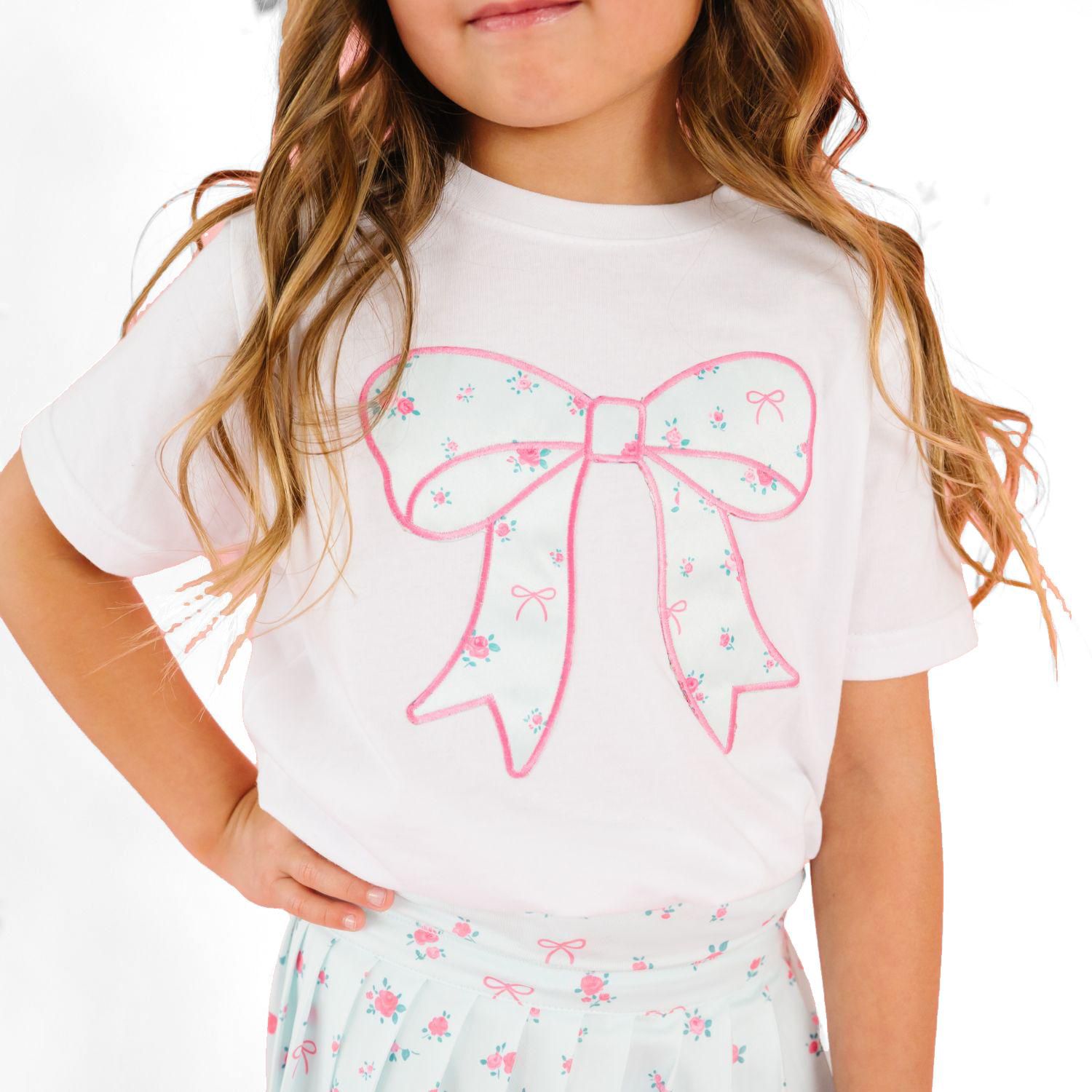 Little Girls Sky Blue Floral Bow Patch Short Sleeve T-Shirt