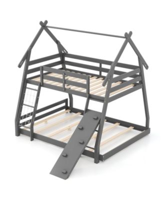Wooden Twin Queen Bunk Bed with Ramp and Climbing Nets