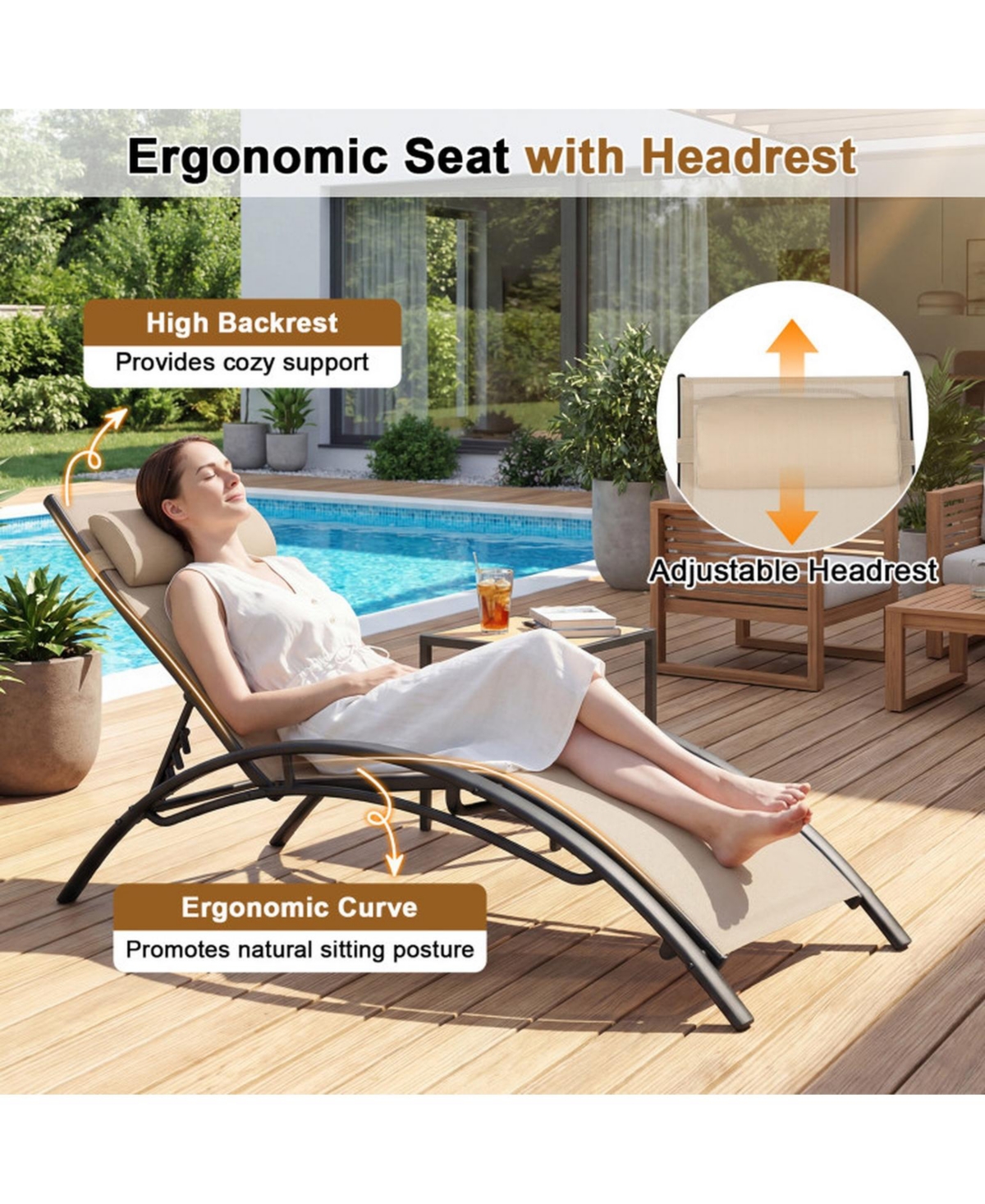 Sugift Set of 2 Outdoor Chaise Lounges Recliner with 5-Position Backrest