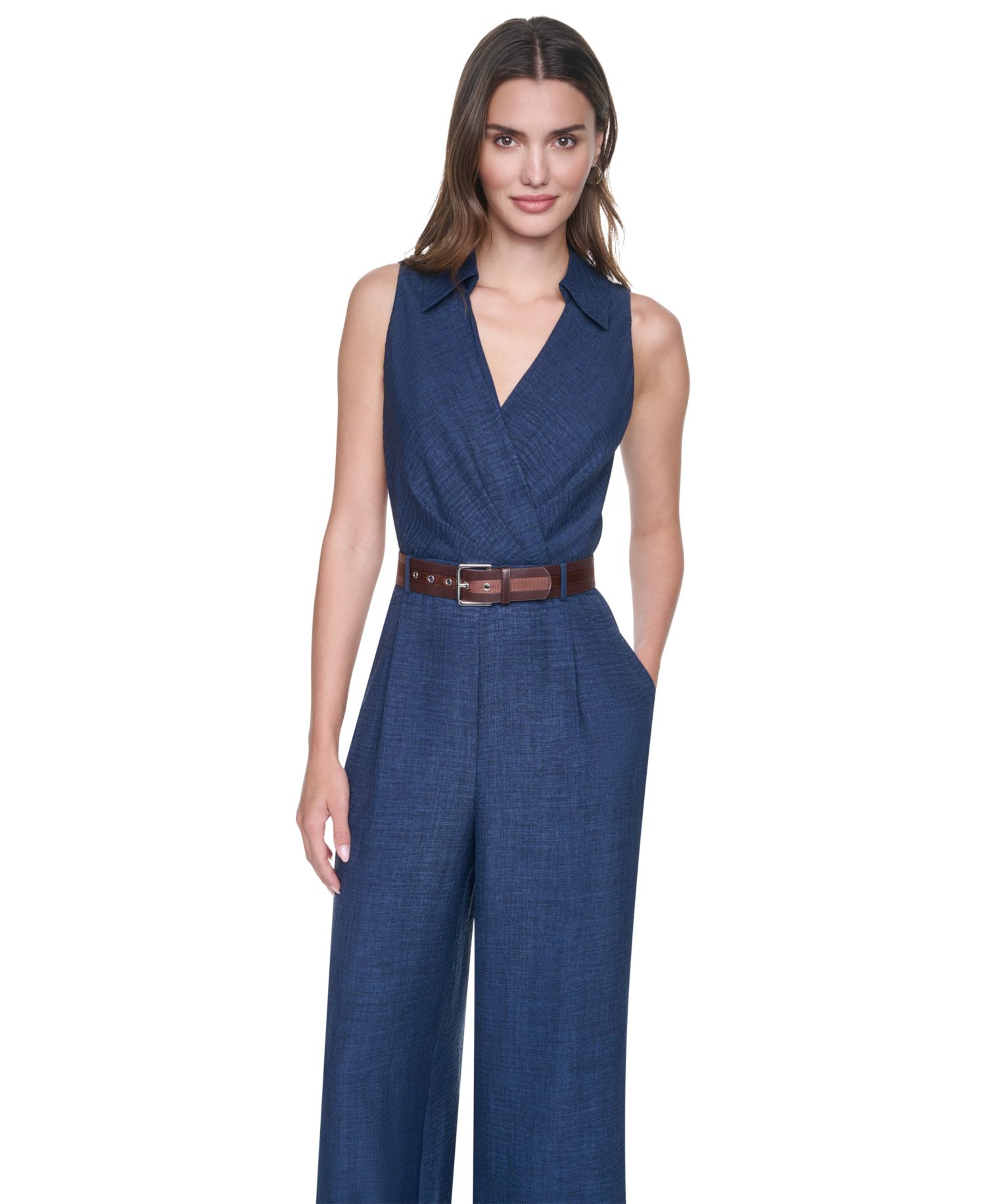 Women's Collared Sleeveless Belted Jumpsuit