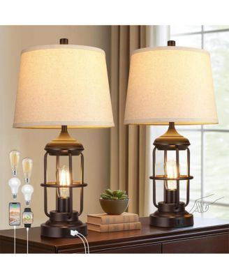 23-inch Table Lamp Set of 2 with USB Ports, Touch Control 3-Way Dimmable Bedside Lamp with 2 LED Night Light, Farmhouse Rustic Nightstand Lamp