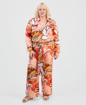 Trendy Plus Size Satin Shirt & Matching Pants Set