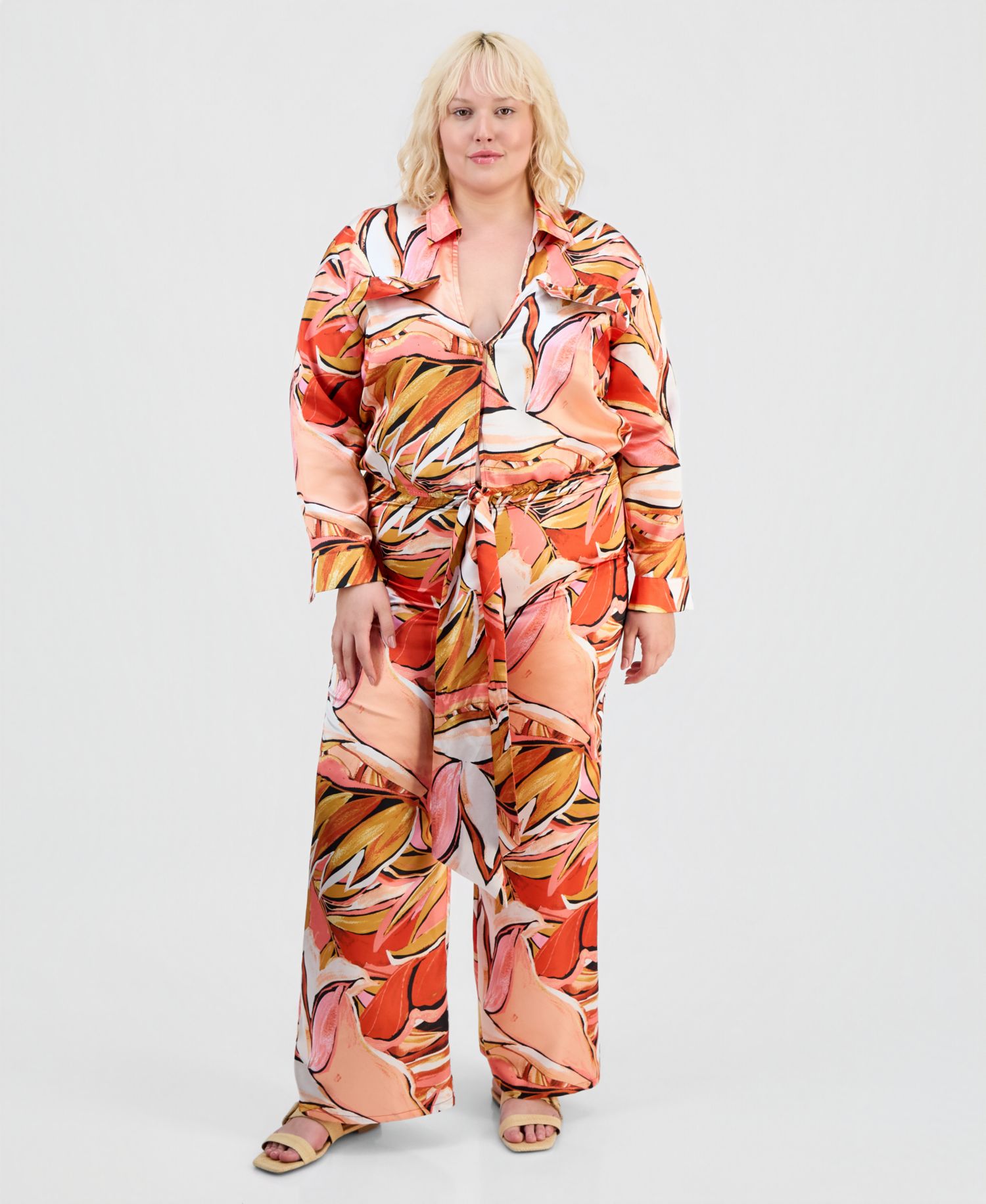 Trendy Plus Size Satin Shirt & Matching Pants Set