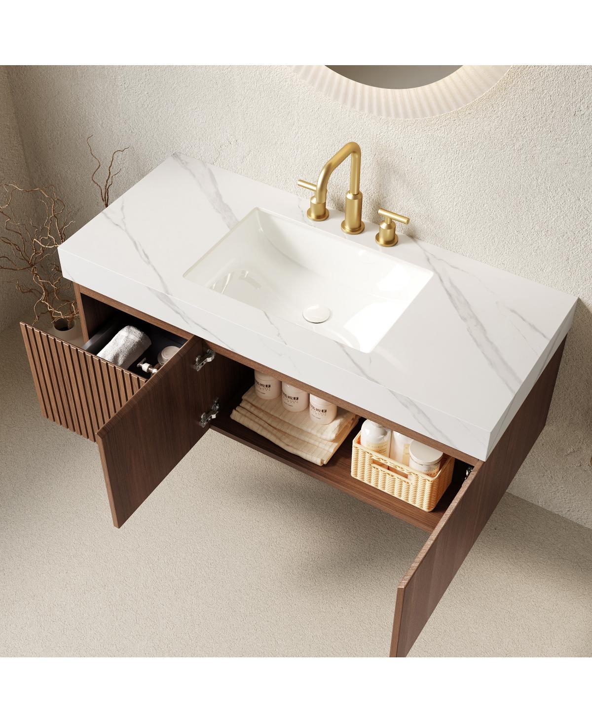 Sillysis Wall Mounted Bathroom Vanity, Carrara Sintered Stone Top, 3-Hole Ceramic Sink, Soft Close Cabinet