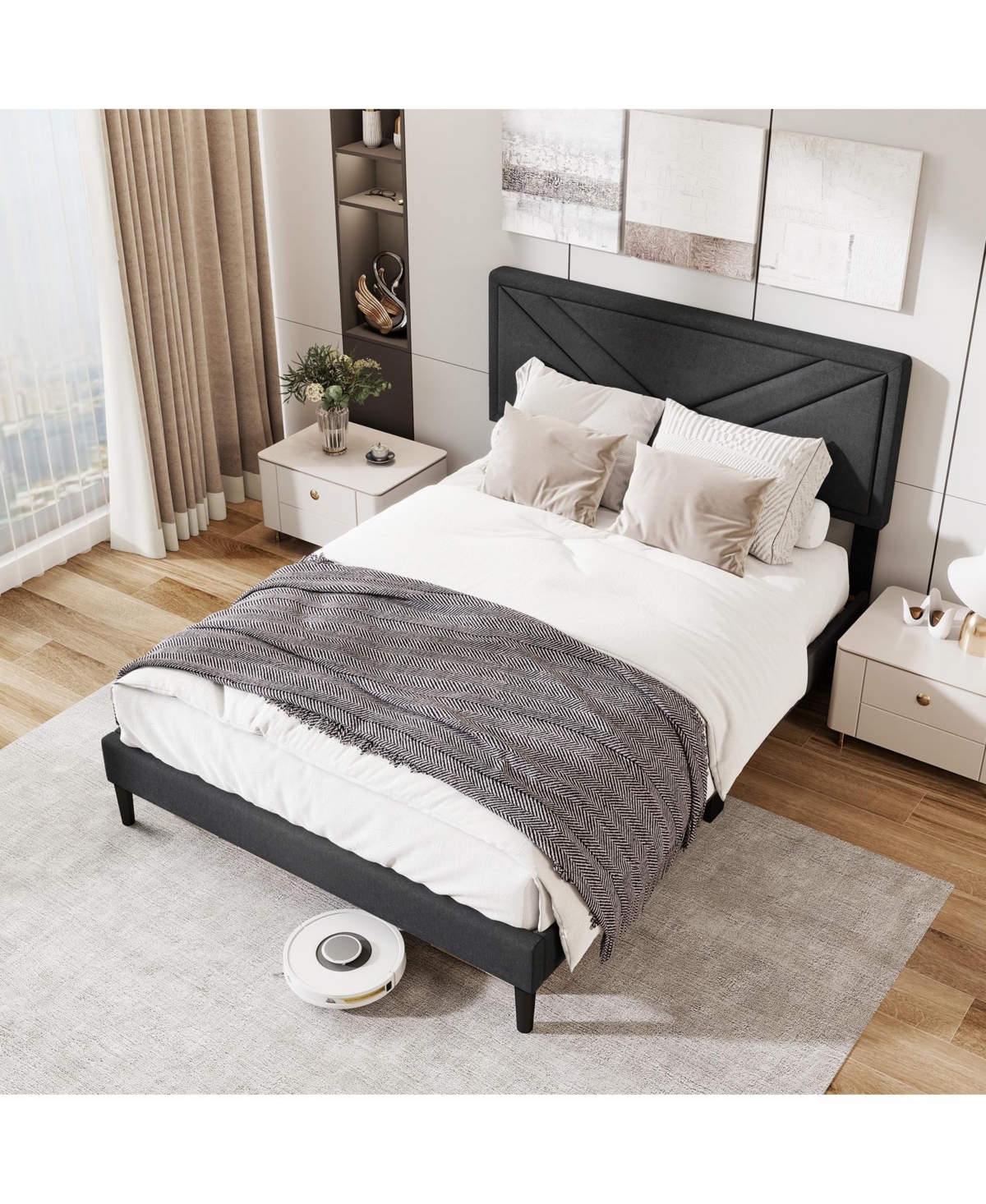 Slickblue Platform Bed Frame with Upholstered Tufted Headboard and Slats