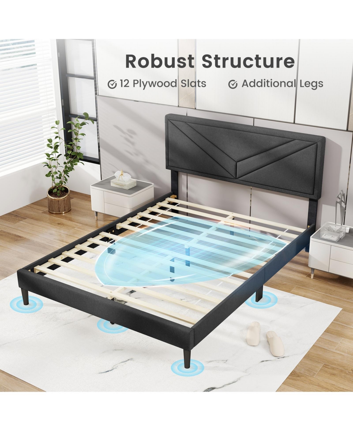 Slickblue Platform Bed Frame with Upholstered Tufted Headboard Slats