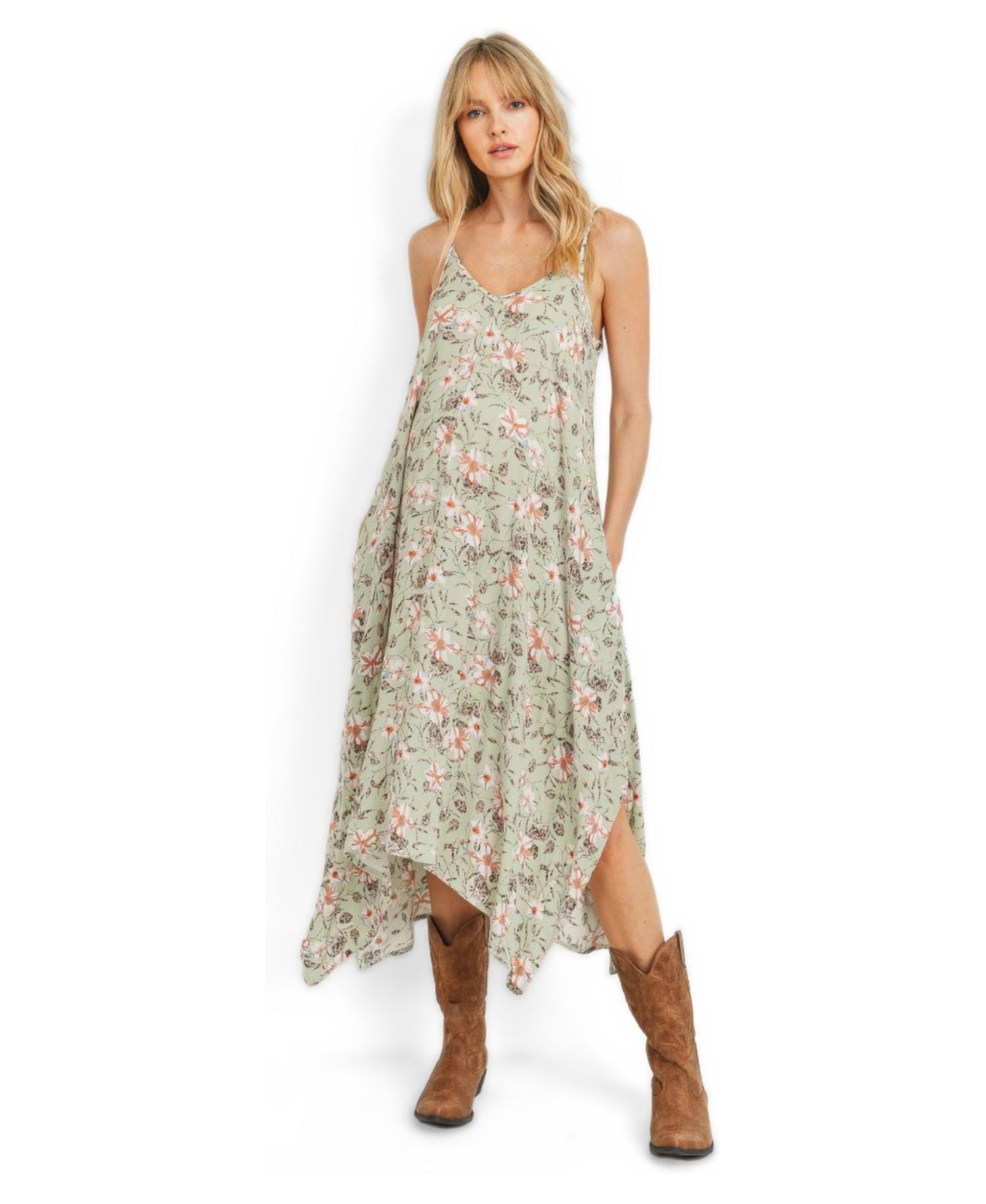 Women's Floral V-Neck Spaghetti Strap Midi Dress with Pockets