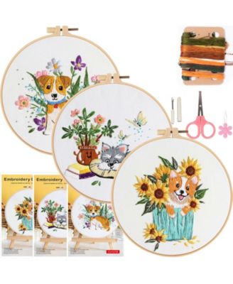 3 Sets Embroidery Kit Beginners Dog Flower Pattern Hand Adults Instruction Video