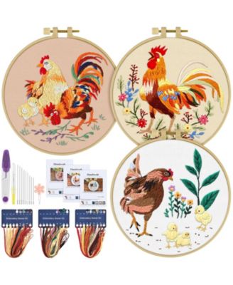 3 Sets Embroidery Kit Rooster Floral Cross Stitch Cloth Hoops Threads Craft Hand