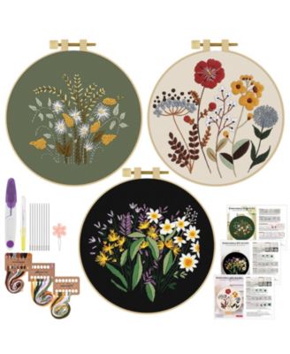 3 Sets Embroidery Kit Floral Cross Stitch Cloth Hoops Threads Plants Flowers