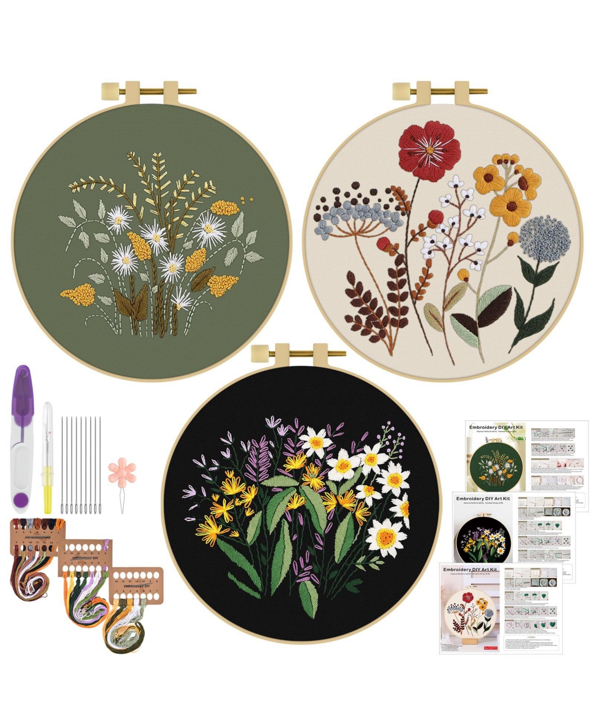 Gnuadz 3 Sets Embroidery Kit Floral Cross Stitch Cloth Hoops Threads Plants Flowers