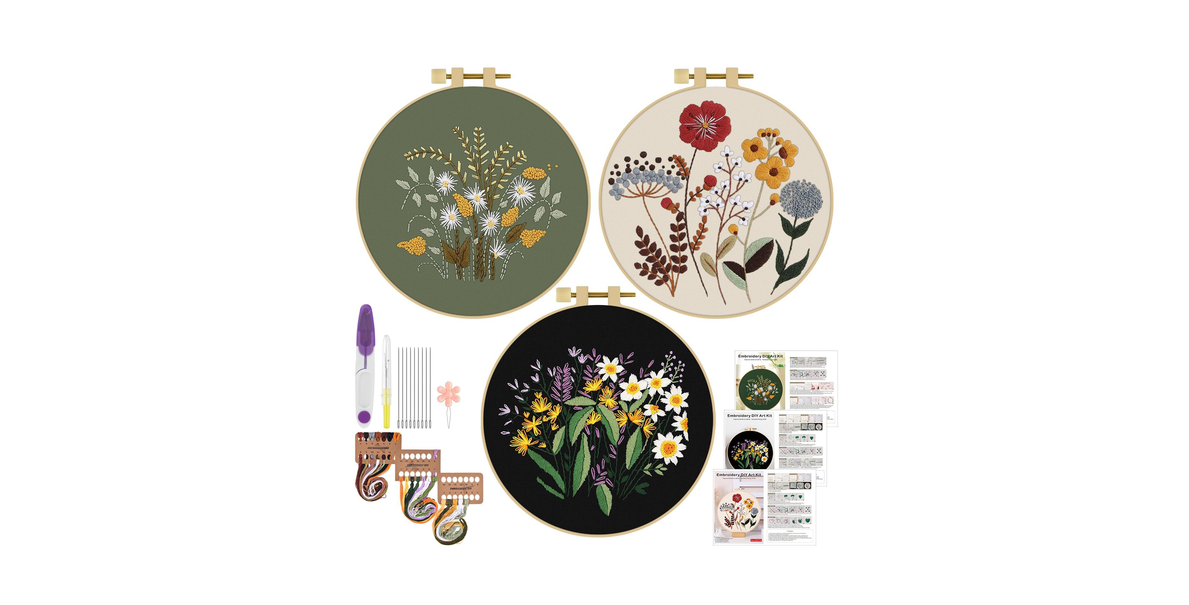 Gnuadz 3 Sets Embroidery Kit Floral Cross Stitch Cloth Hoops Threads Plants Flowers