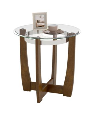 Modern Round End Table with Glass Top and Rubber Wood Base, Accent Side Table