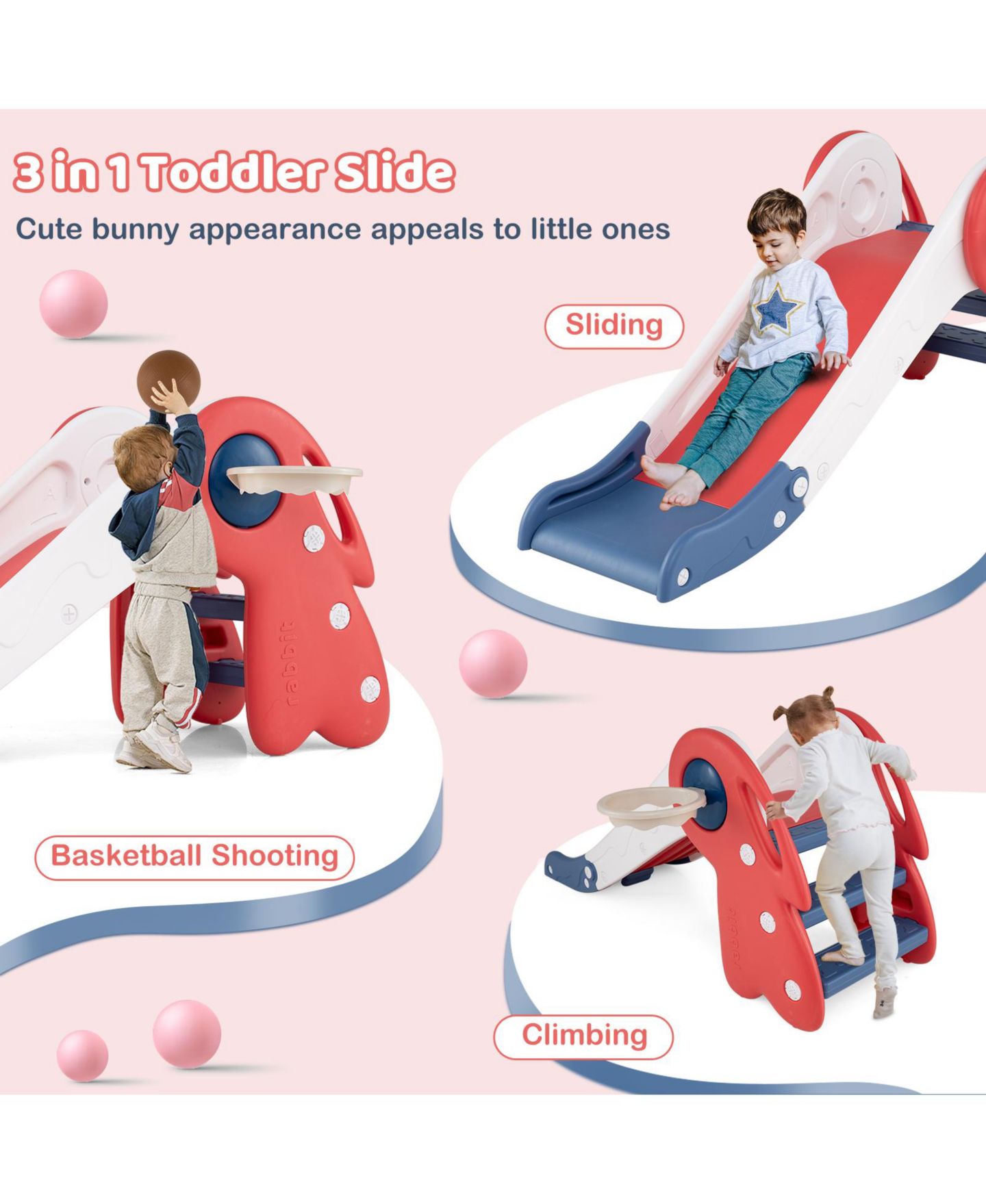 Детские игрушки Mecale 3-in-1 Toddler Slide and Climber Set with Basketball Hoop and Ball, цвет: Красный — фото 5