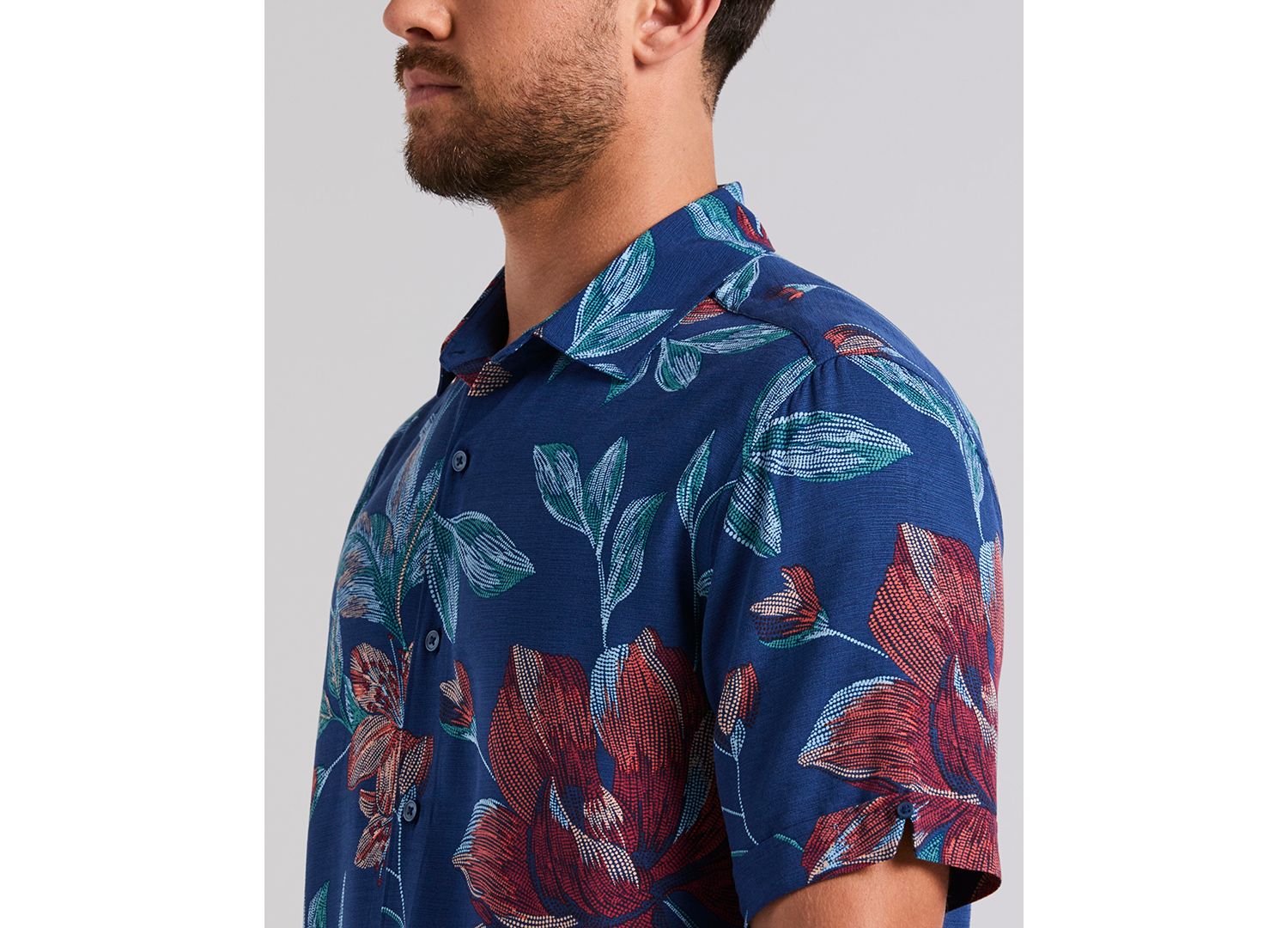 Men's Short-Sleeve Pointilism Floral Print Shirt