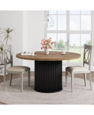 47" Round Dining Table for 4-6 People, Dining Room Table with Sturdy Waveform Metal Pedestal Base, Farmhouse Circle Kitchen Table