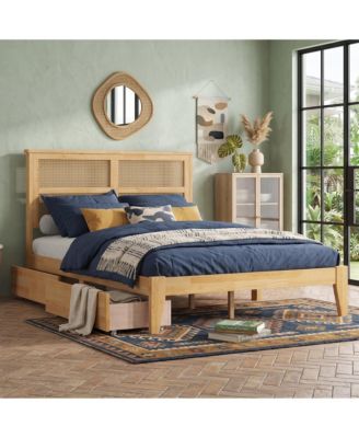 Bed with Rattan Headboard, 2 Drawers, Rubber Wood Bed with Support Slats and Feet