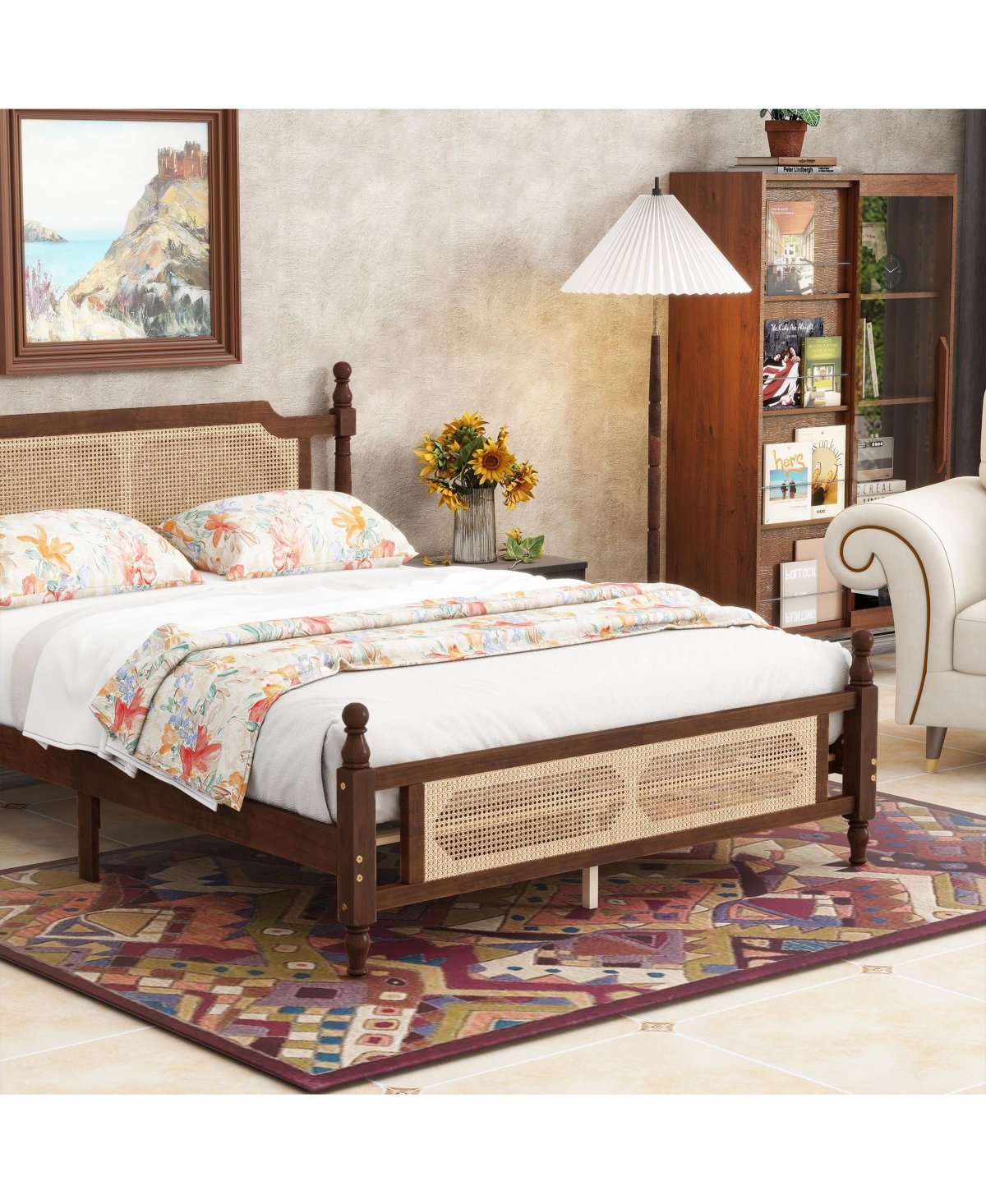 Sailvan Queen Pine wooden Bed with Rattan Headboard and Footboard, Central Enhanced Platform