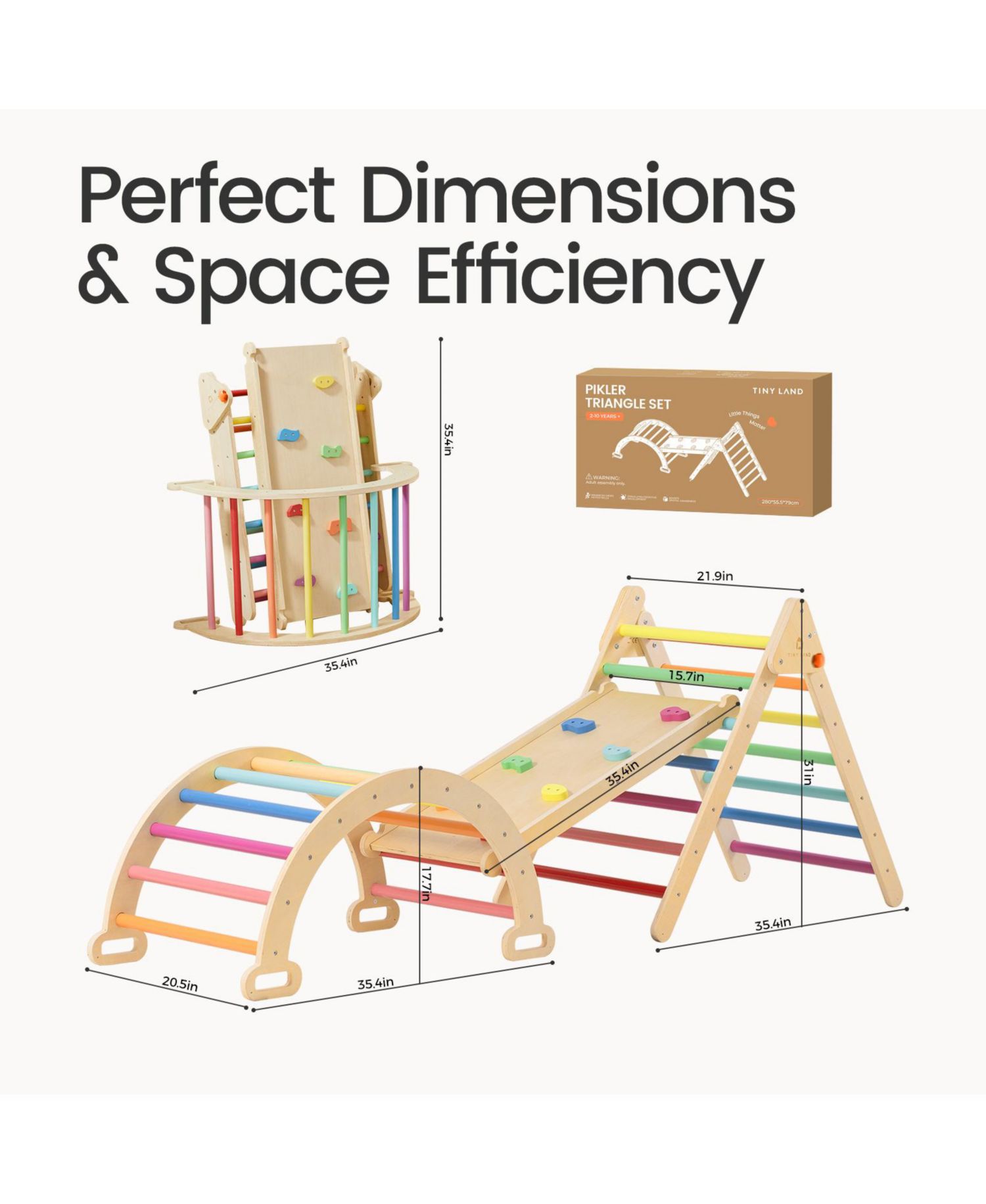 Pikler Triangle Set, 7-in-1 Wooden Montessori Climbing Toy Set, Toddler Indoor Playground Jungle Gym - Rainbow