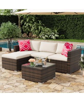 5 Piece Outdoor Convertible Sectional Set with Ottoman and Tempered Glass Table, PE Rattan Conversation Seating