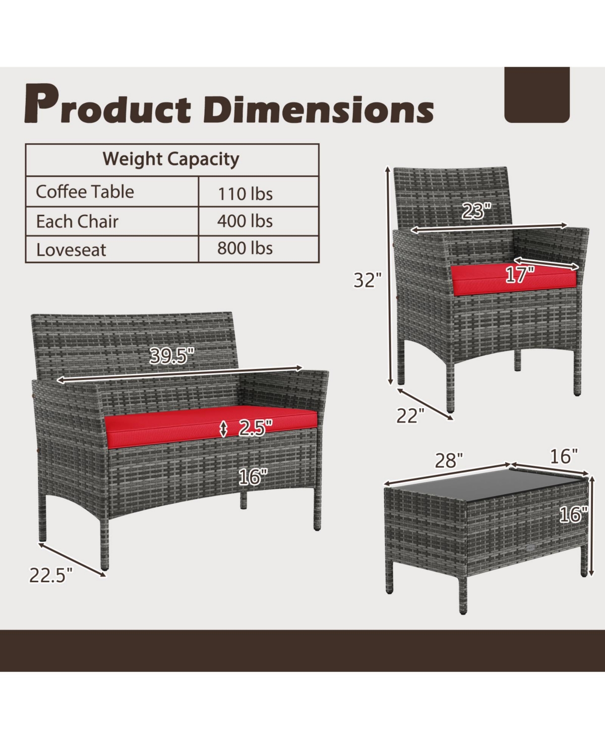 Gouun 4-Piece Patio Rattan Conversation Set with Loveseat, Chairs, and Glass Table