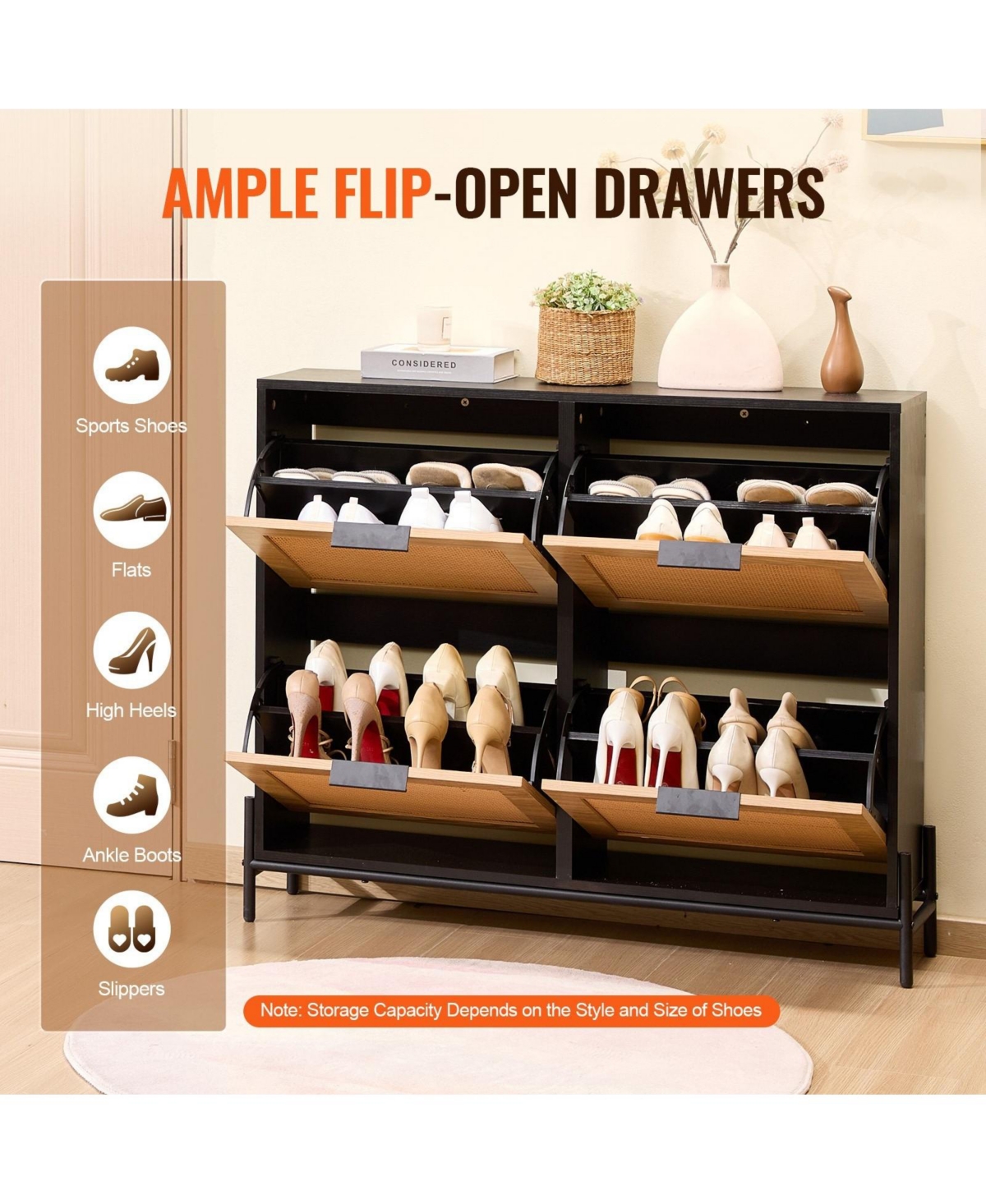 Sugift Rattan Shoe Cabinet, Narrow 4 Flip Drawers, Slim Storage for Entryway