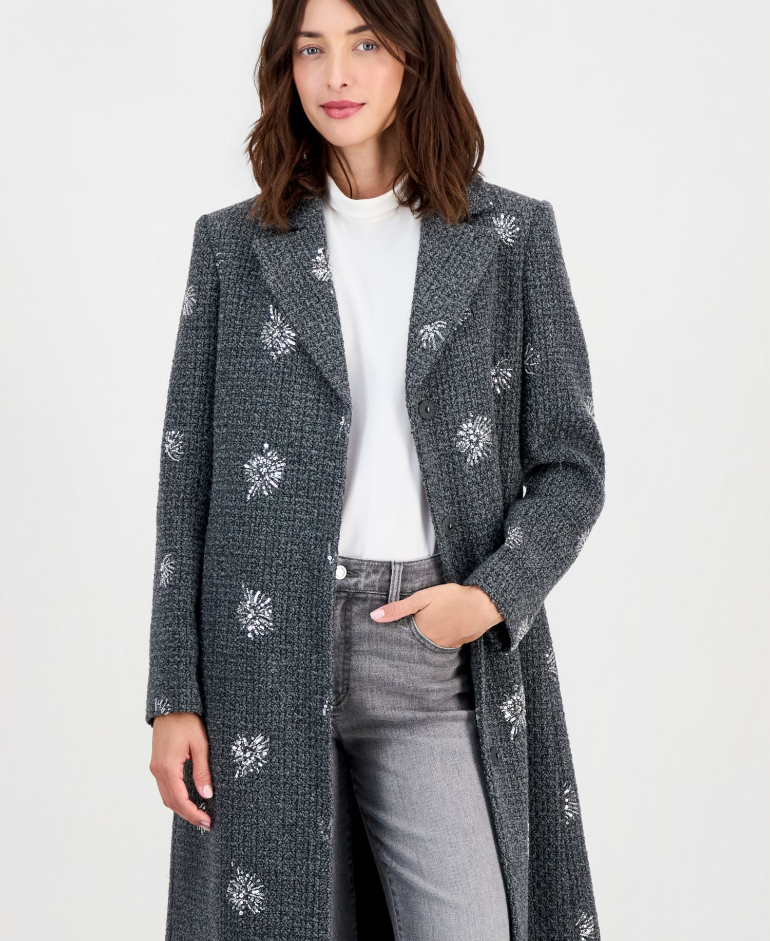 Petite Single-Breasted Sparkle Boucl&eacute; Maxi Coat