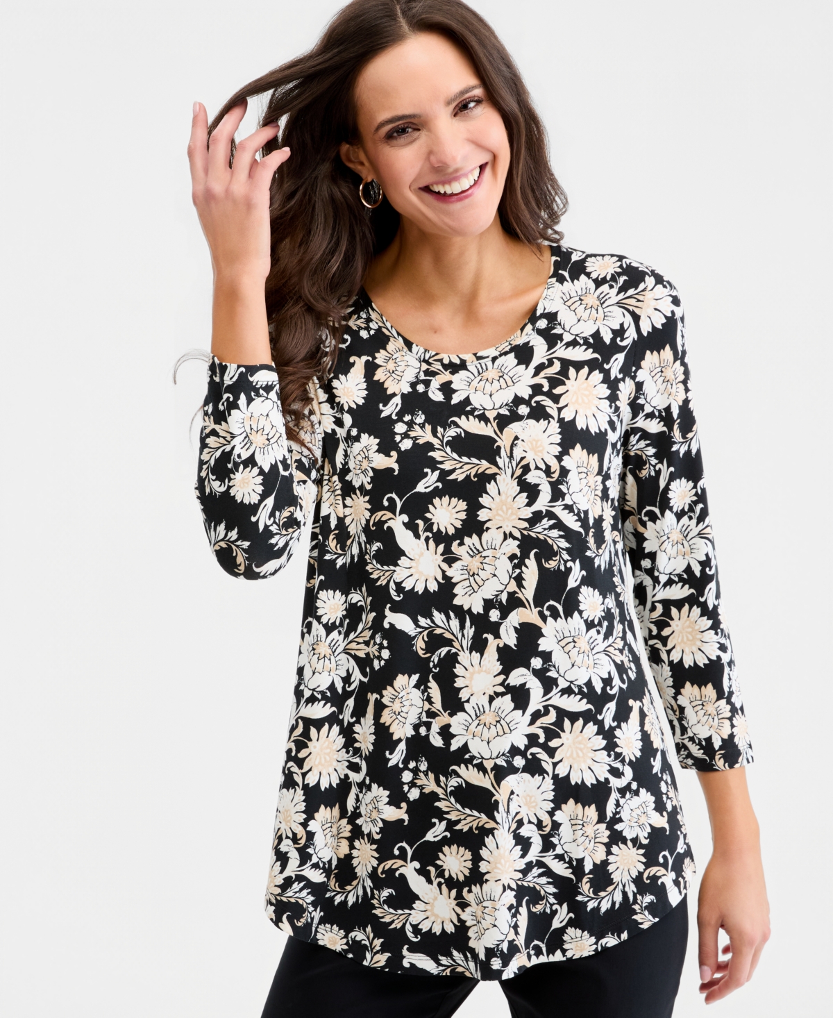 Jm Collection Women's Printed Scoop-Neck 3/4-Sleeve Top, Macy's Exclusive