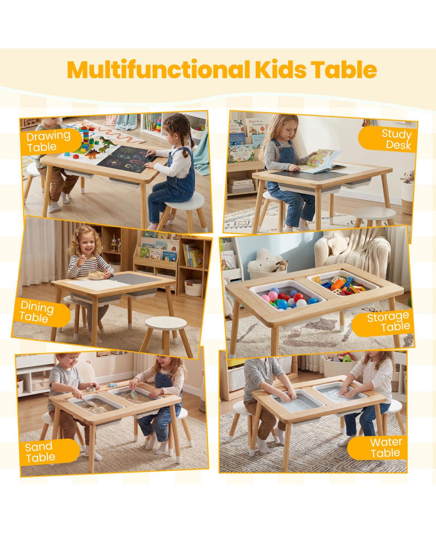 Wooden Kids Activity Table with Double-Sided Boards and Stools