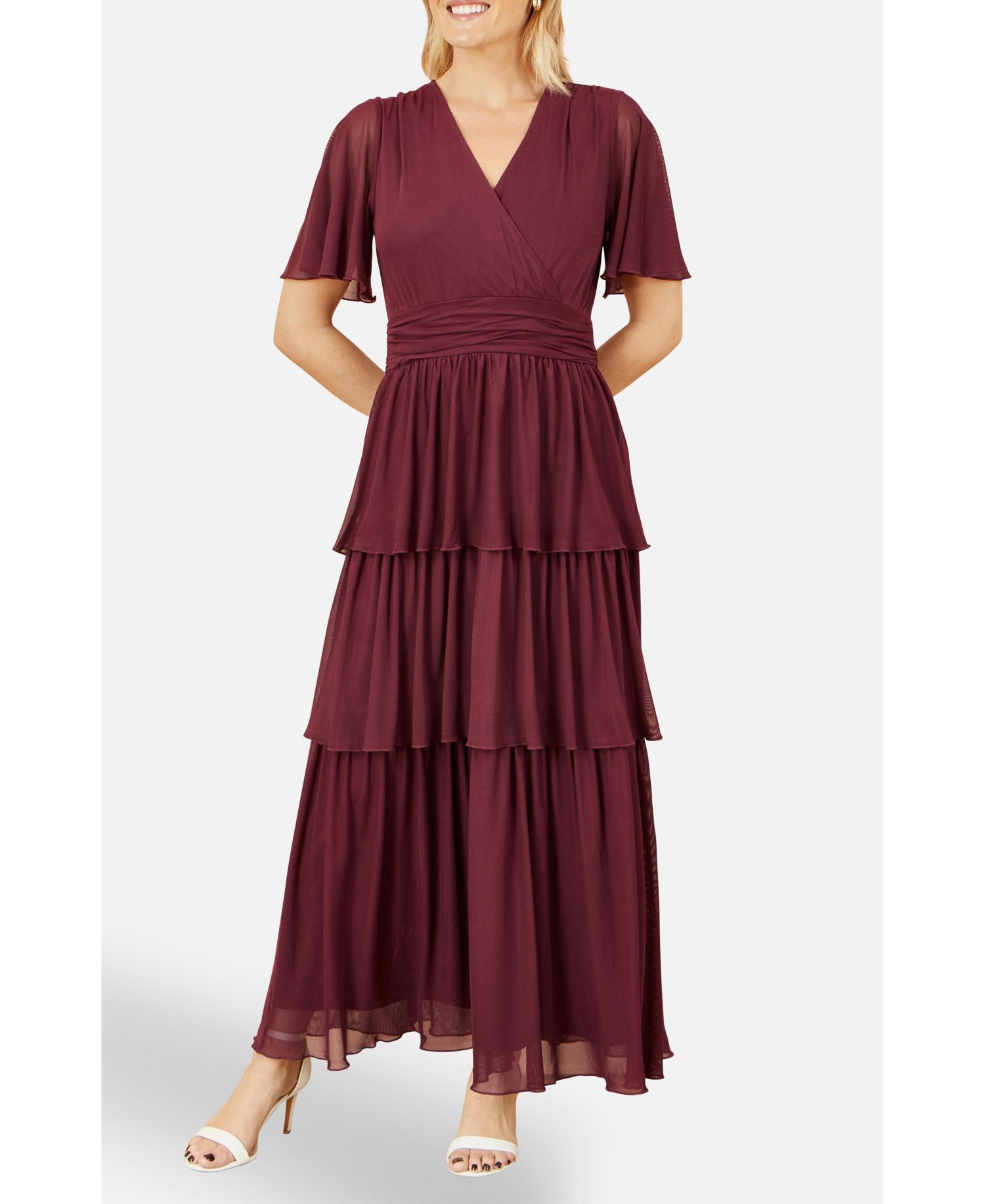 Women's Mesh V-Neck Tiered Maxi Dress