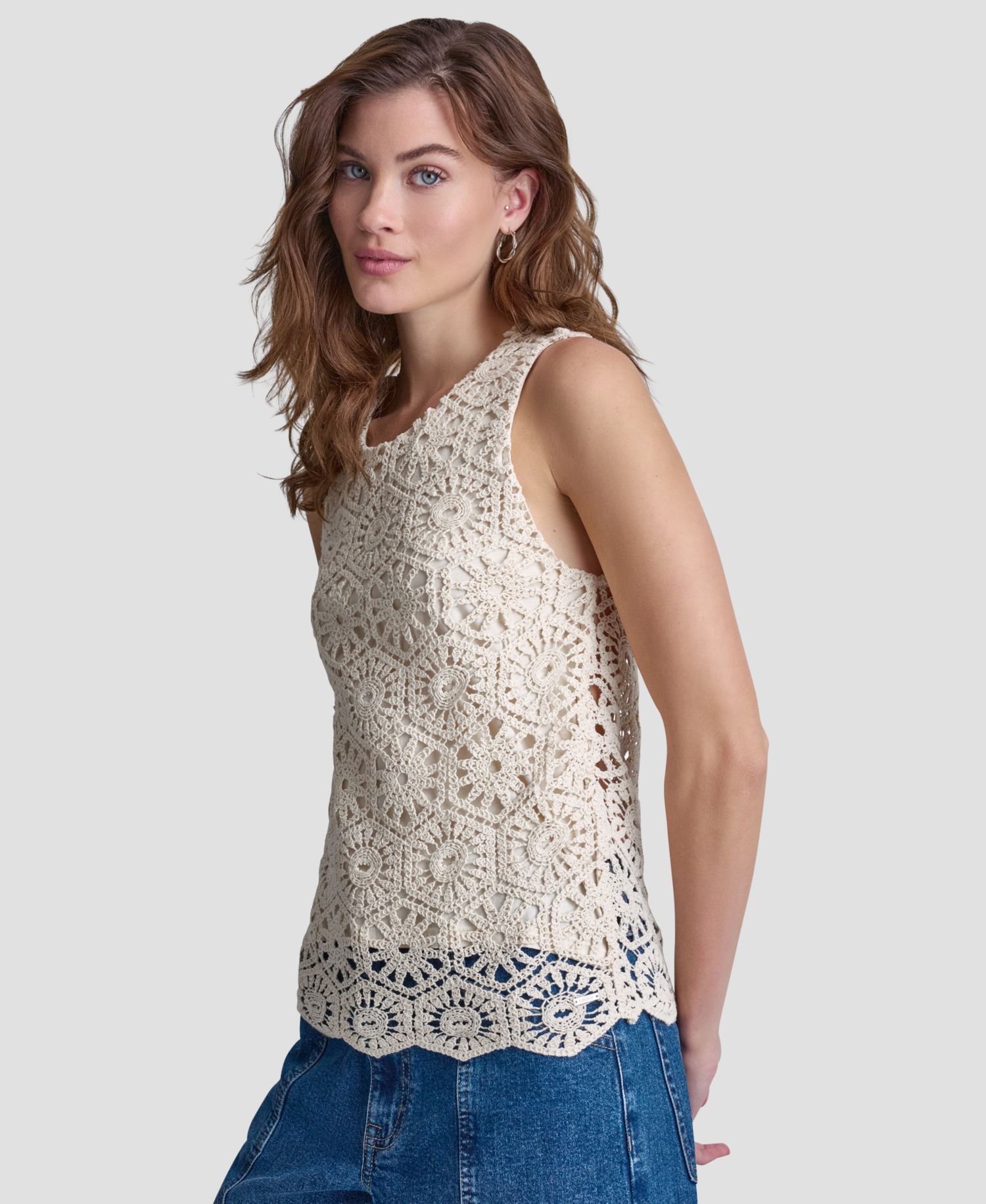 Petite Crochet Crewneck Knit Tank Top