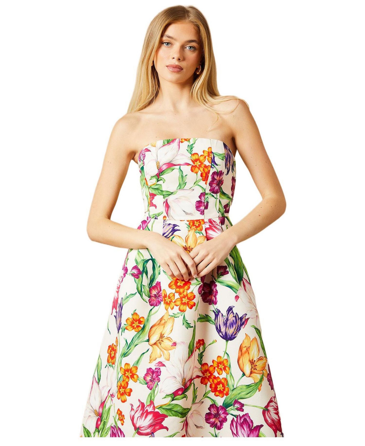 Women's Floral Twill Strapless Midi Dress