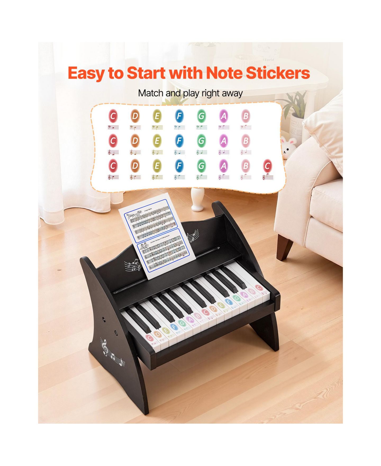 Детская игрушка Mecale 25-Key Wooden Dual-Power Piano Music Learning Toy, Ages 3+, цвет: Чёрный — фото 6