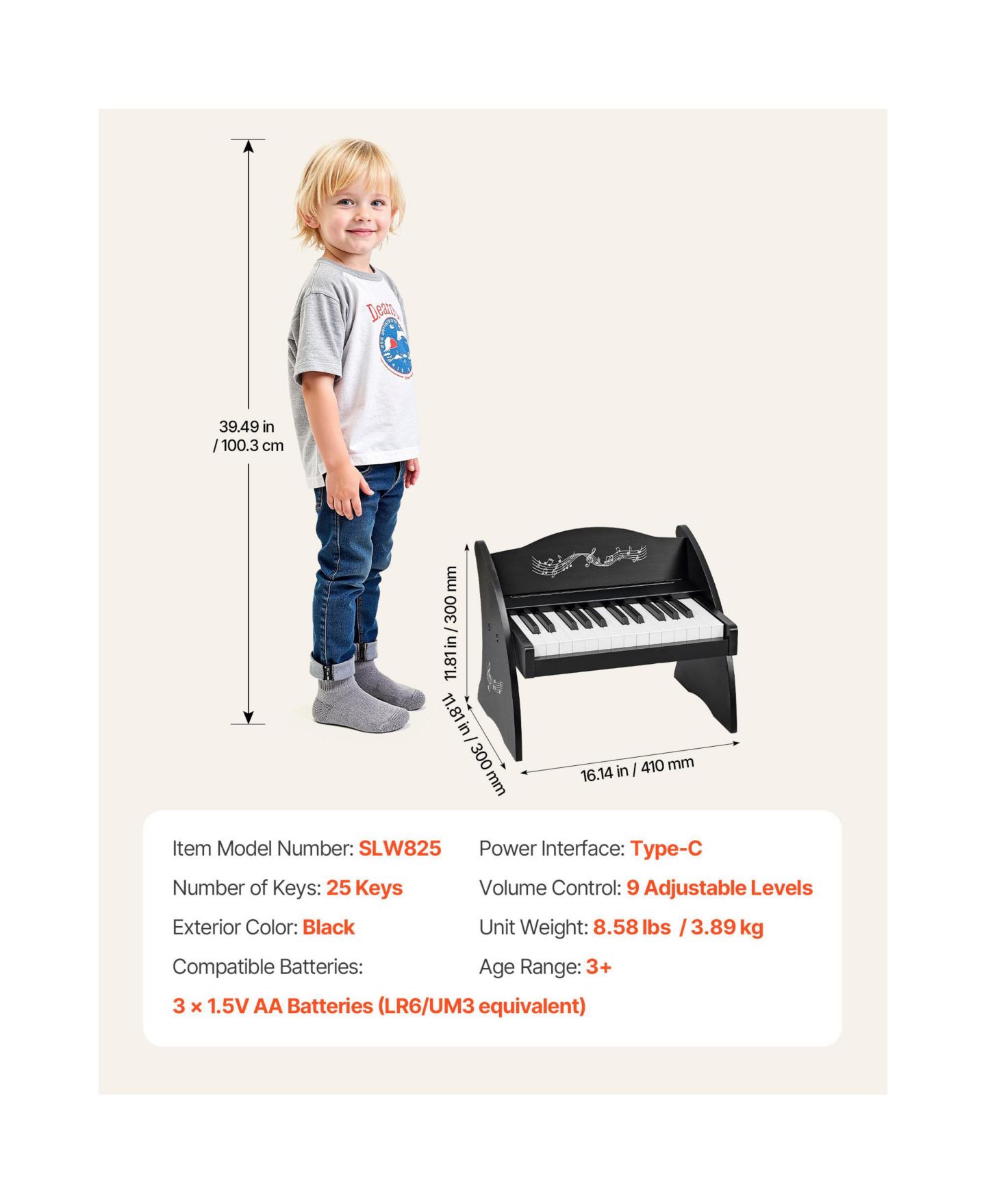 Детская игрушка Mecale 25-Key Wooden Dual-Power Piano Music Learning Toy, Ages 3+, цвет: Чёрный — фото 7