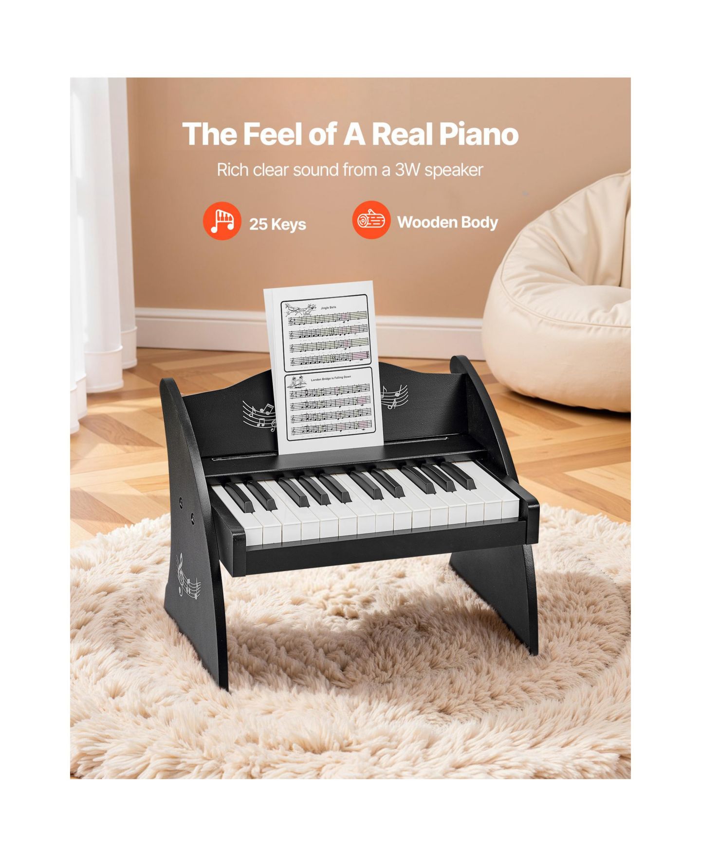 Детская игрушка Mecale 25-Key Wooden Dual-Power Piano Music Learning Toy, Ages 3+, цвет: Чёрный — фото 2