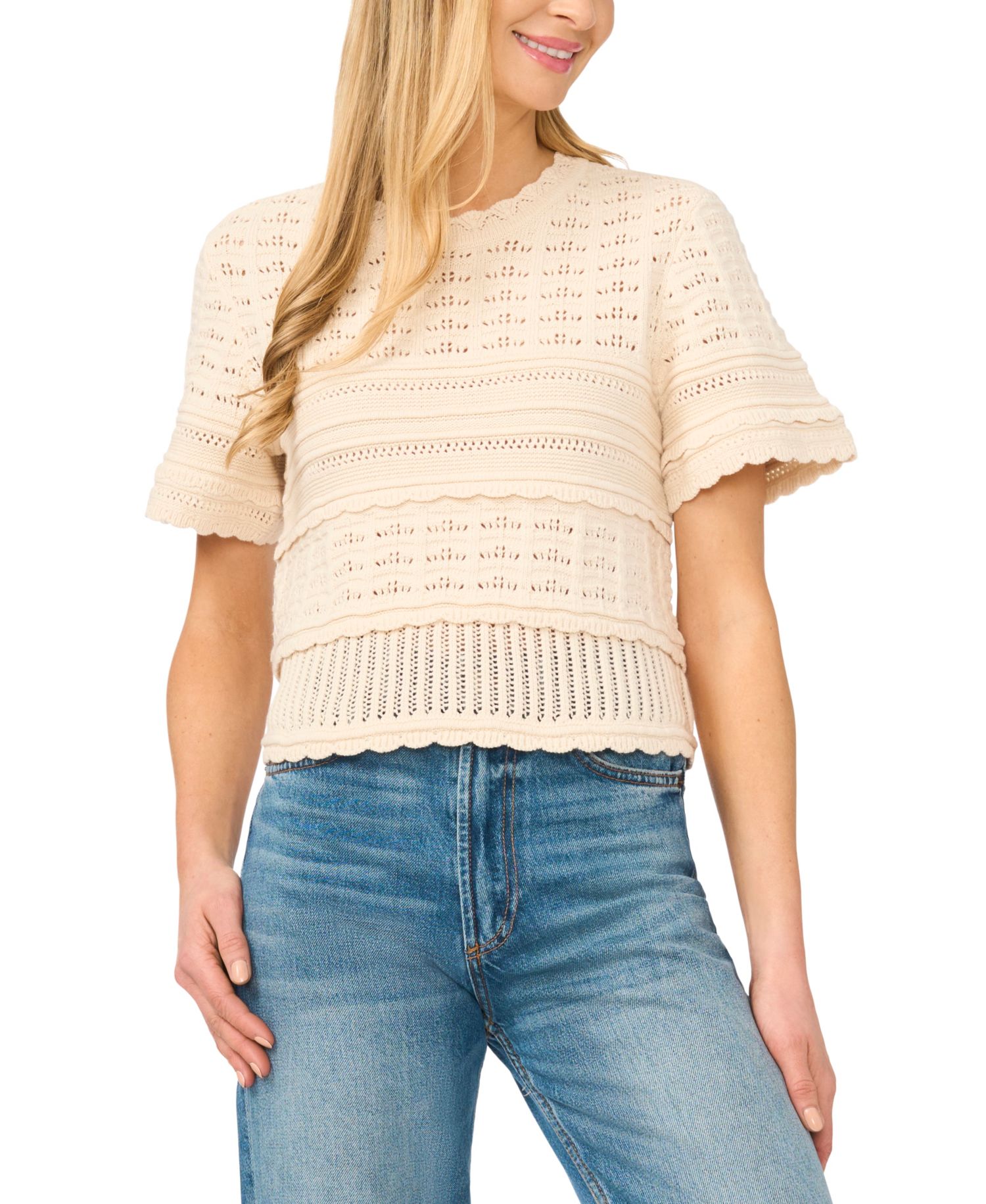Women's Multi-Stitch Pointelle Short-Sleeve Sweater