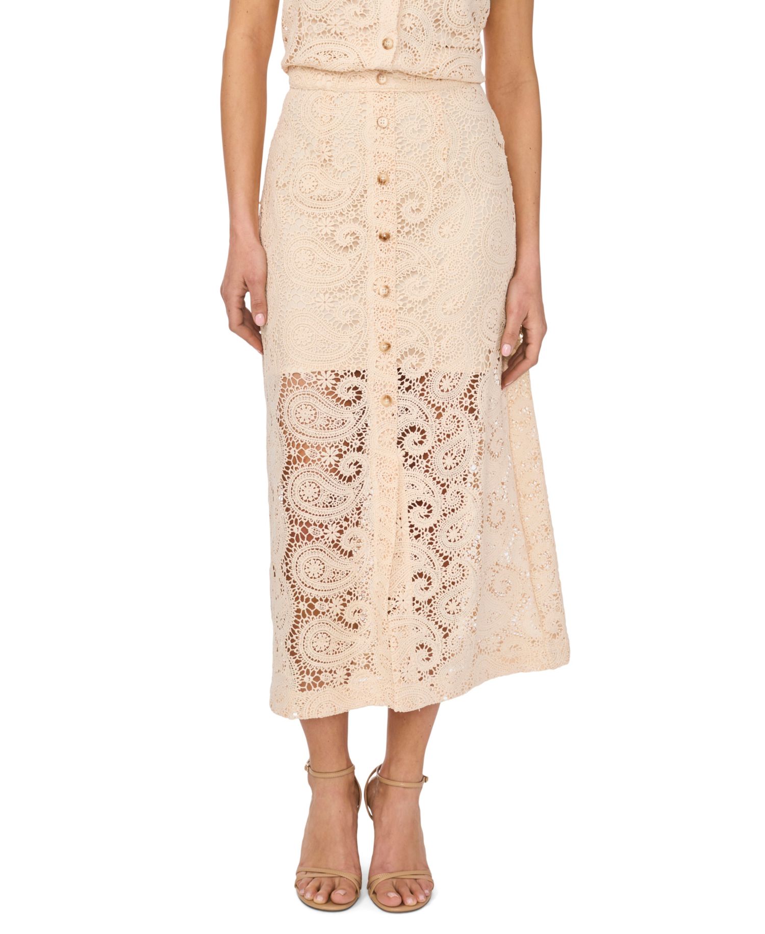 Women's Front Button Paisley Lace Midi Skirt