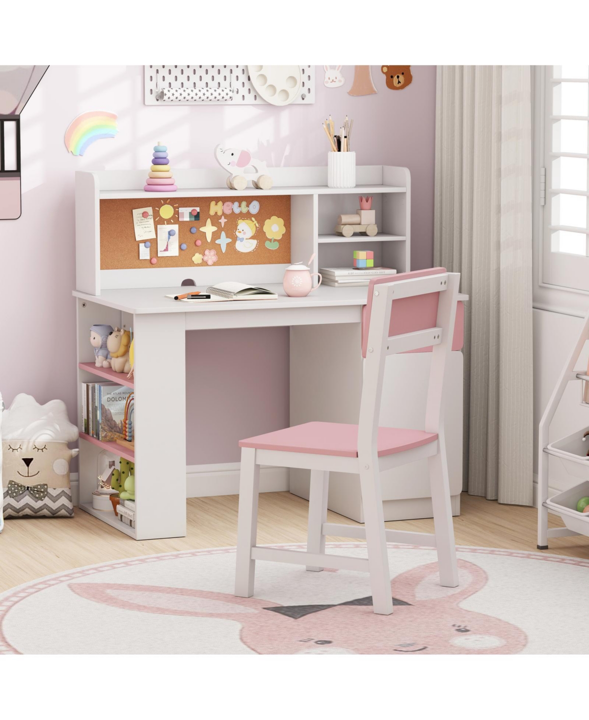 Slickblue Children Desk Chair Set with Storage Hutch and Side Shelves