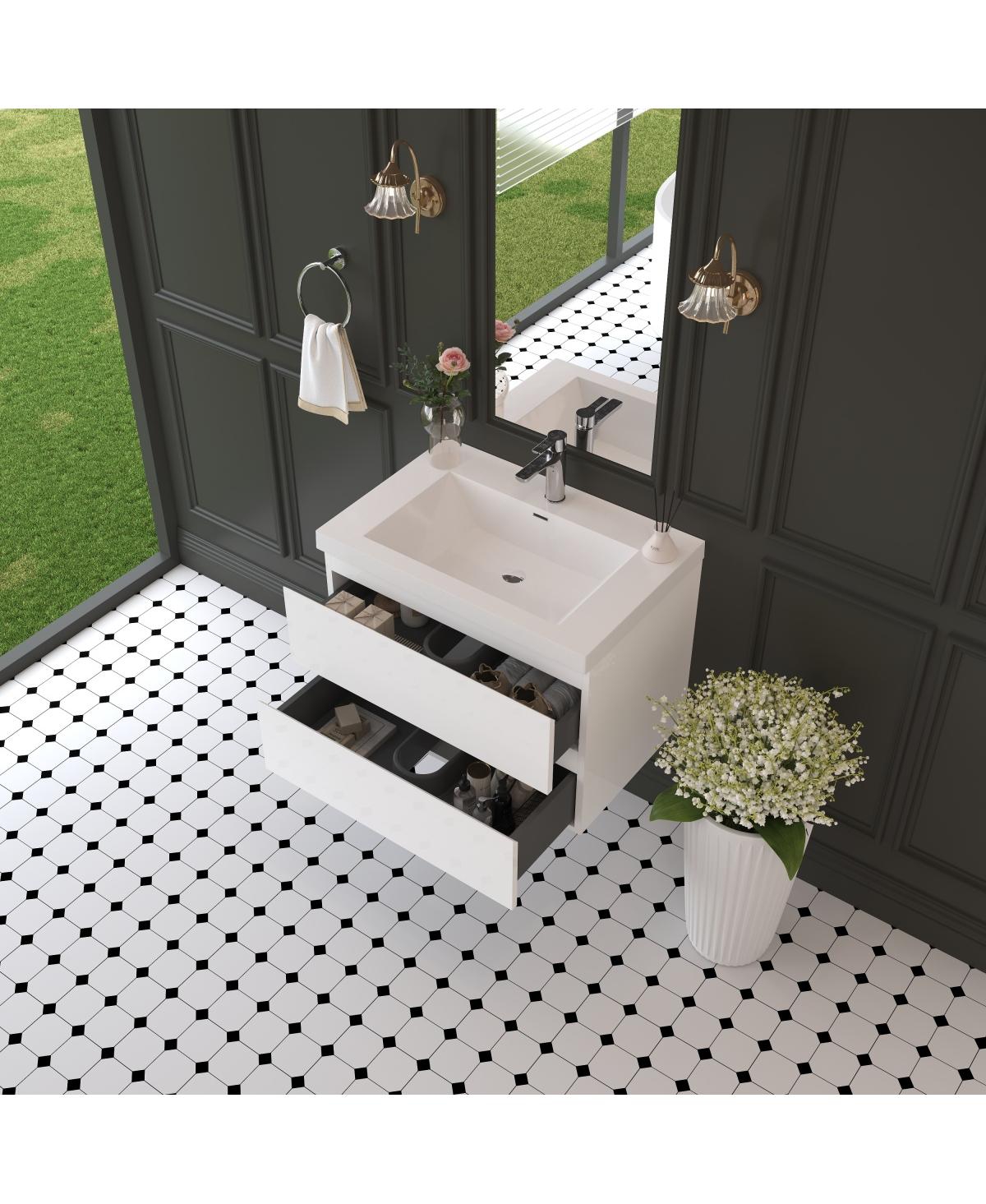 Sillysis Inch Glossy Wall Mounted Bathroom Vanity with Resin Sink and Soft Close Drawers