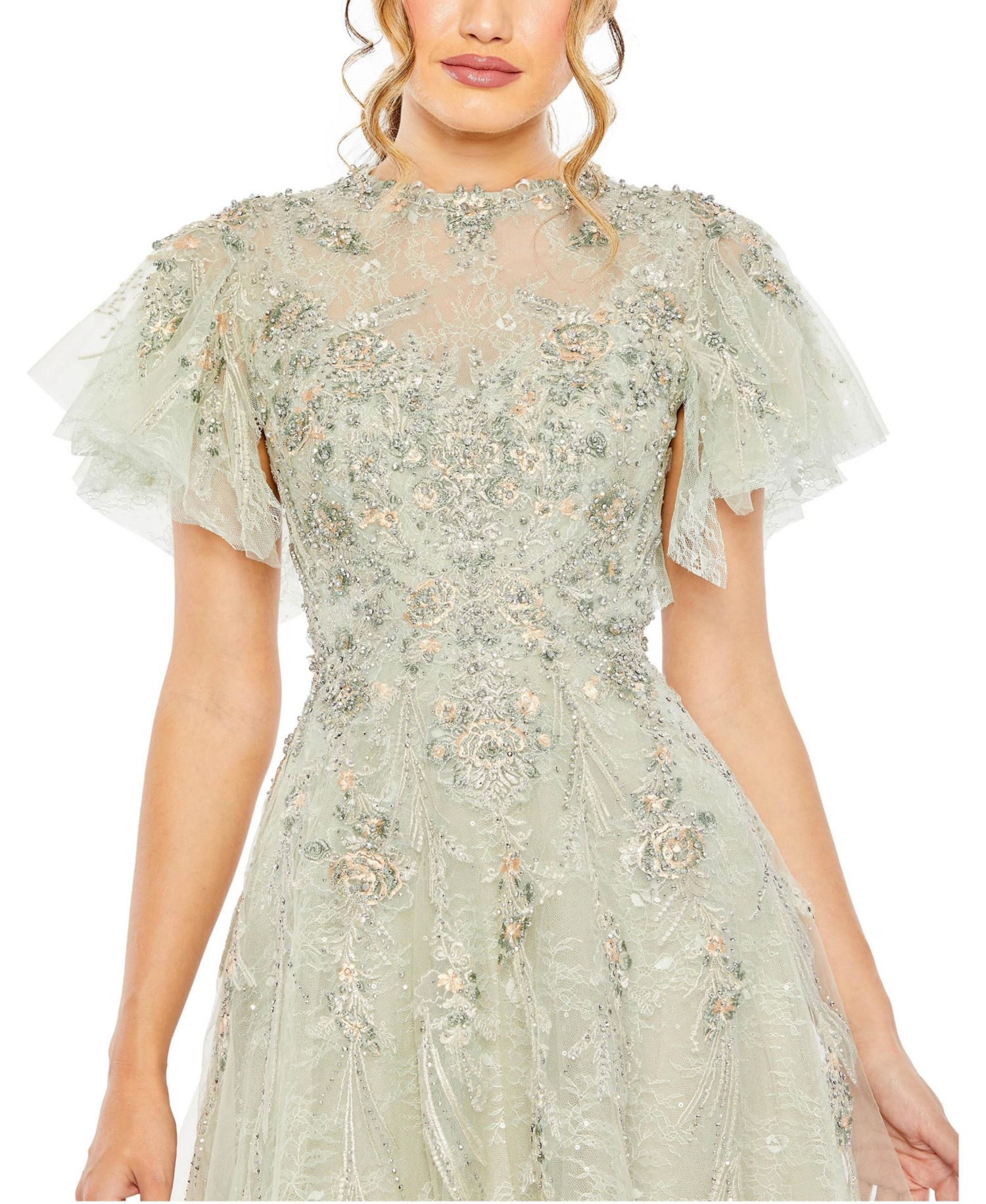 Women's Illusion Neck Beaded Lace Flutter Sleeve Ball Gown