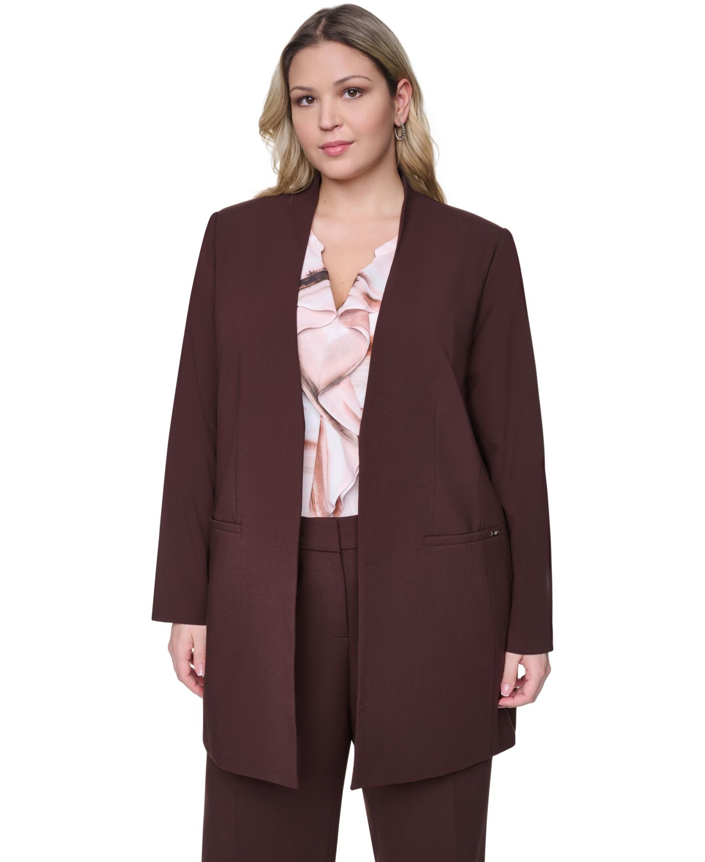 Женский пиджак Calvin Klein Plus Size Collarless Open-Front Rollback-Cuff Blazer, цвет: Кофейный — фото 1